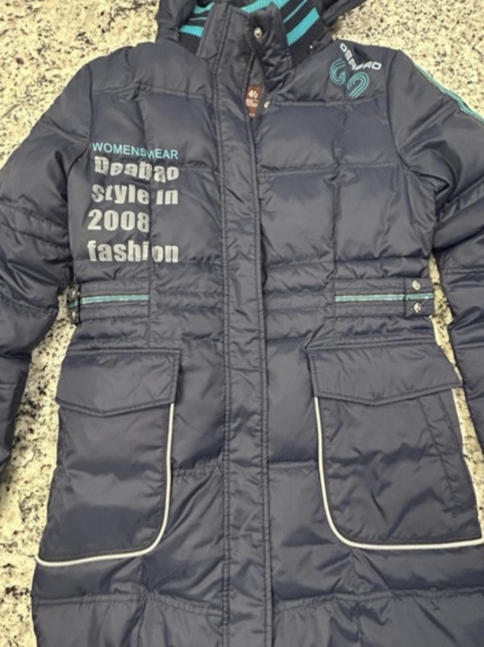 & Other Stories Navy Blue Puffer Coat with Teal Accents